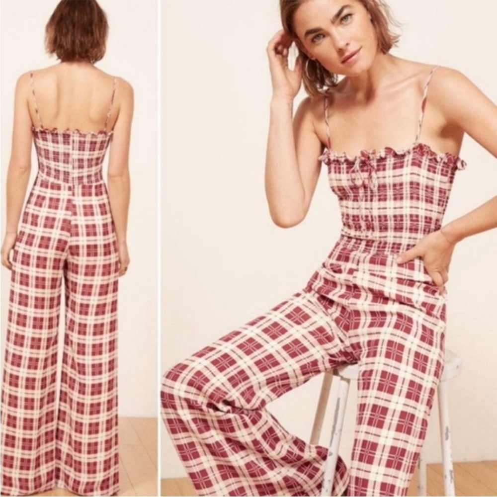 Reformation Pompano Highland Plaid Check Smocked Wide Leg Jumpsuit Size 8